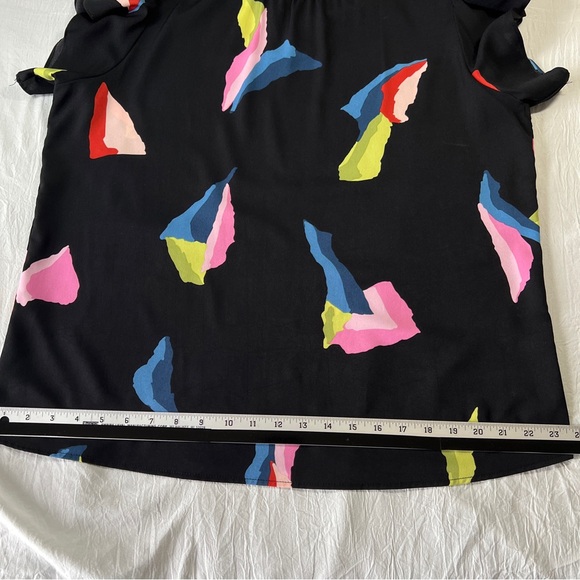 THML Anthropologie Smocked Neck Ruffle Sleeve Black Abstract Top Sz L NWOT - Picture 11 of 11